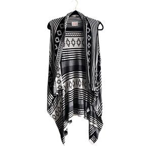 Moon Black White Aztec Print Cardigan Sleeveless Waterfall Stretch Casual - Med